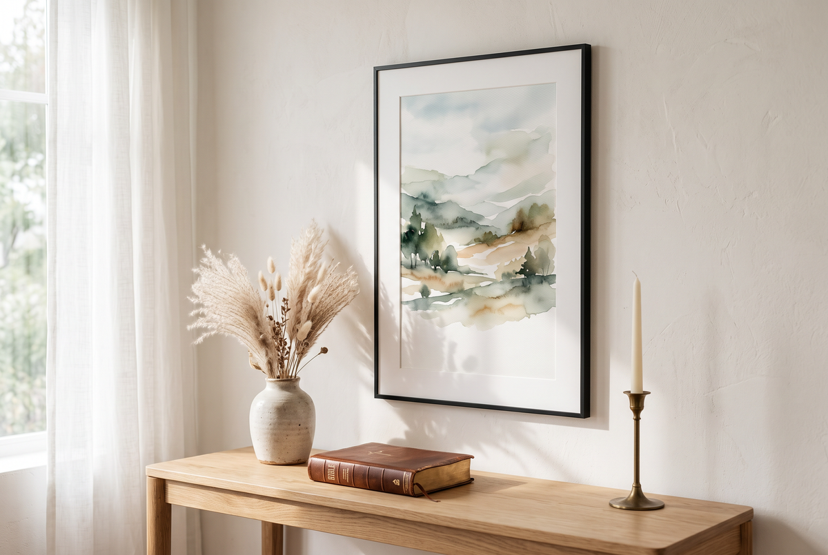 Framed scripture art on a warm white wall above an oak table with a Bible and dried pampas
