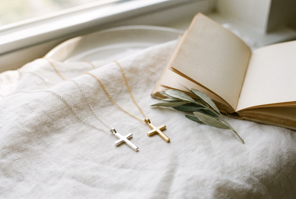 Silver and gold cross necklaces on ivory linen with an open book and olive sprig