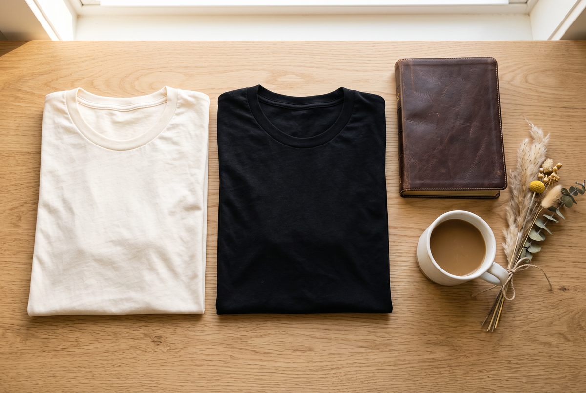 Folded cream and black tees on oak with a Bible, coffee mug and dried wildflowers