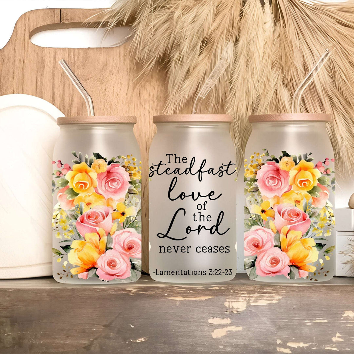 Vaso, taza y termo floral con versículo