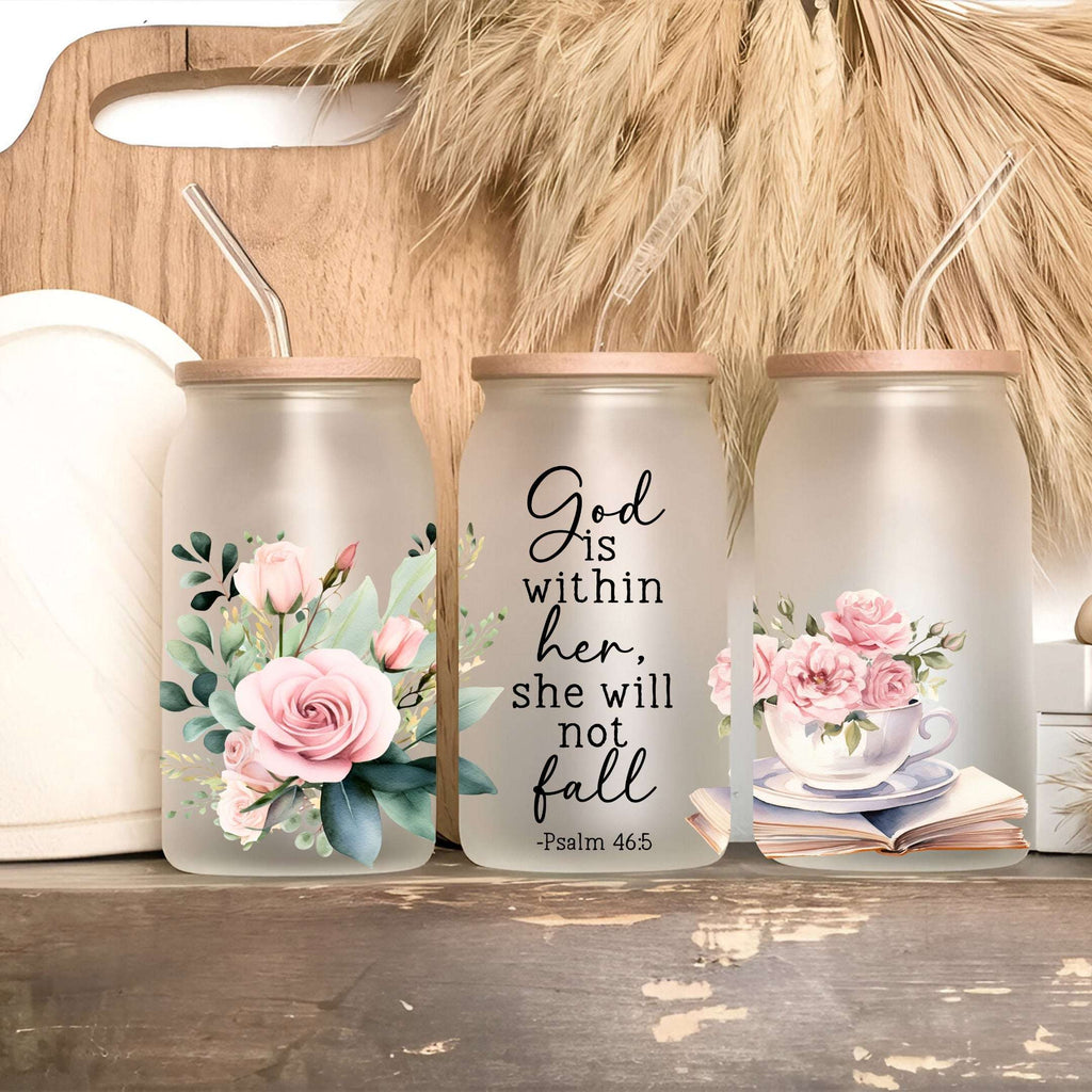 Vaso, taza y termo floral con versículo