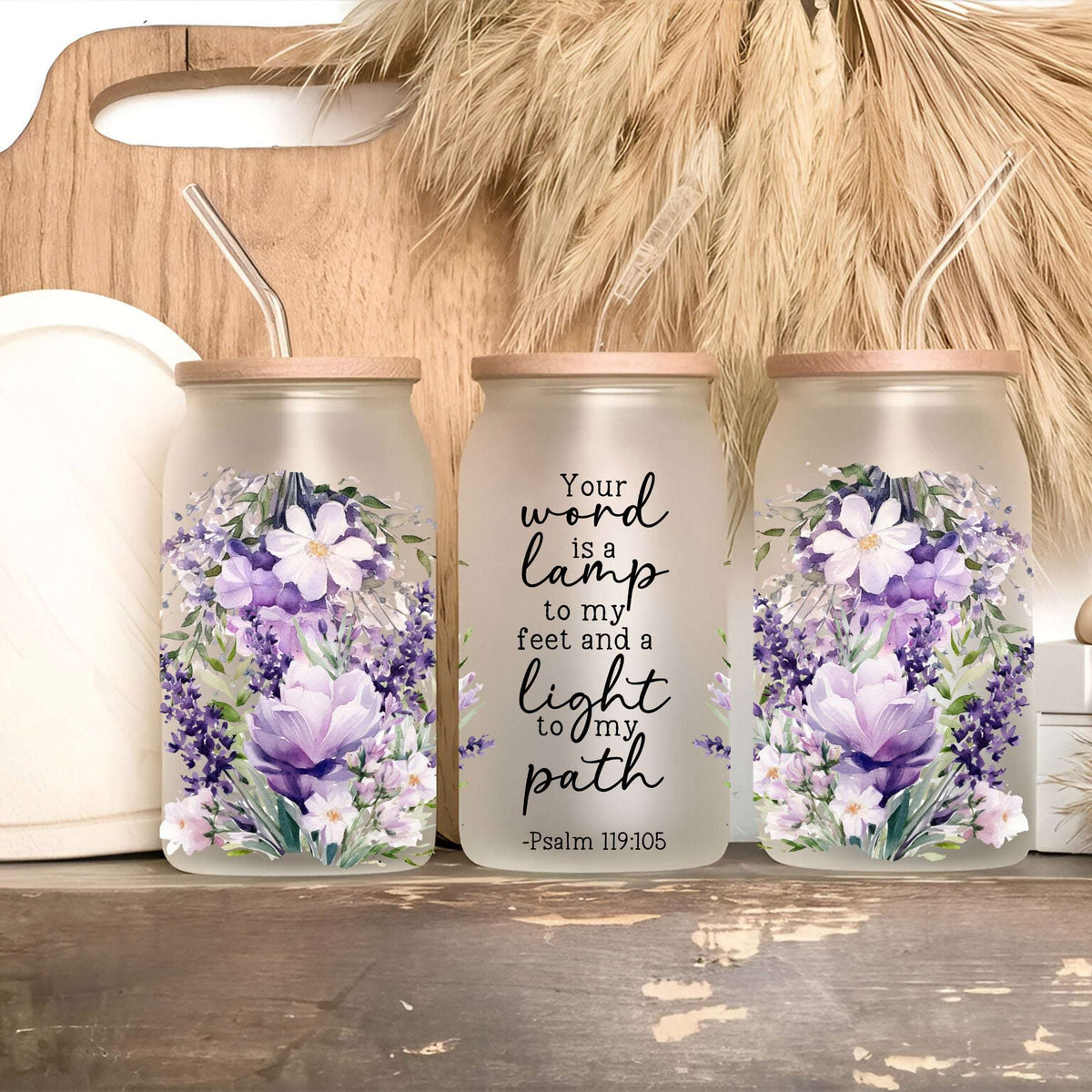 Vaso, taza y termo floral con versículo
