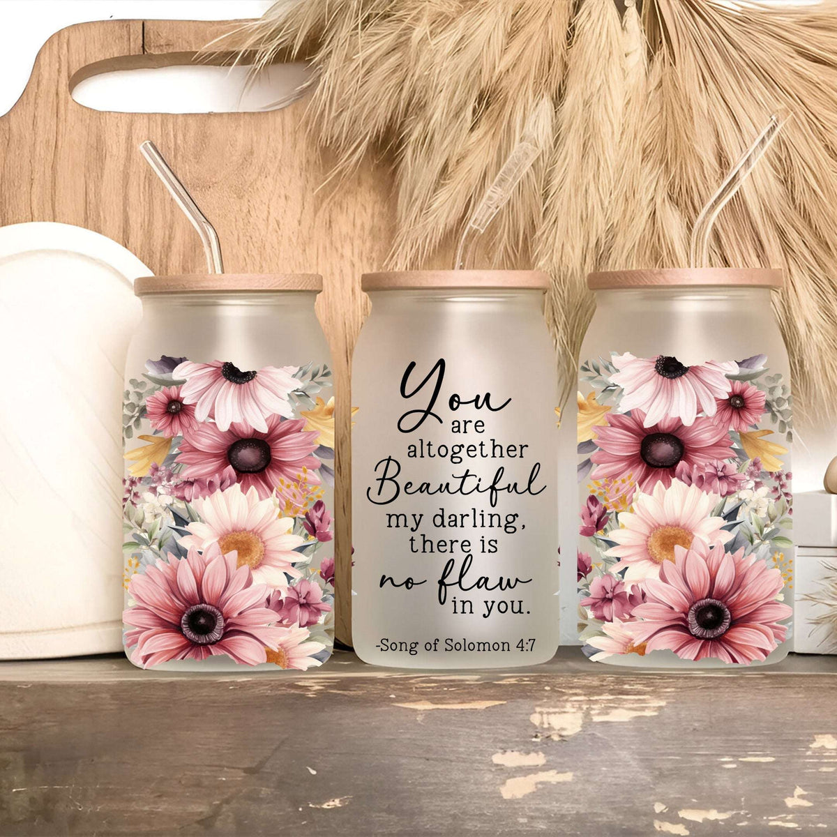 Vaso, taza y termo floral con versículo