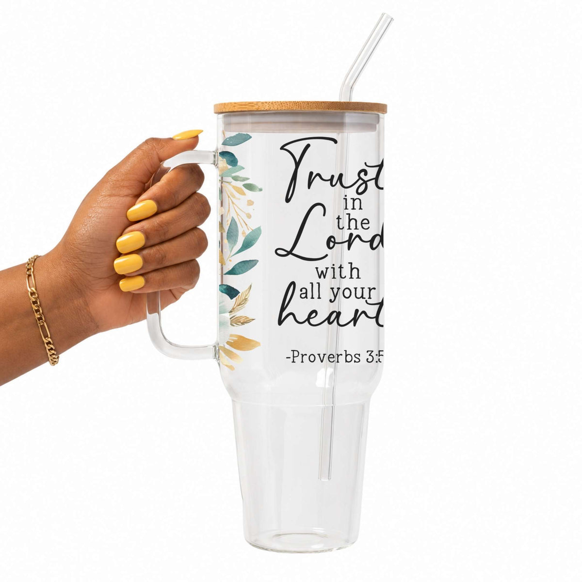 Vaso, taza y termo floral con versículo