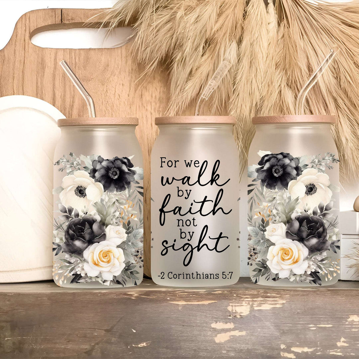 Vaso, taza y termo floral con versículo