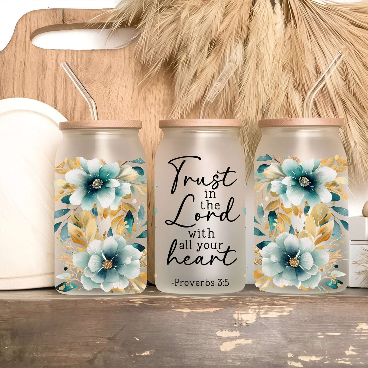 Vaso, taza y termo floral con versículo
