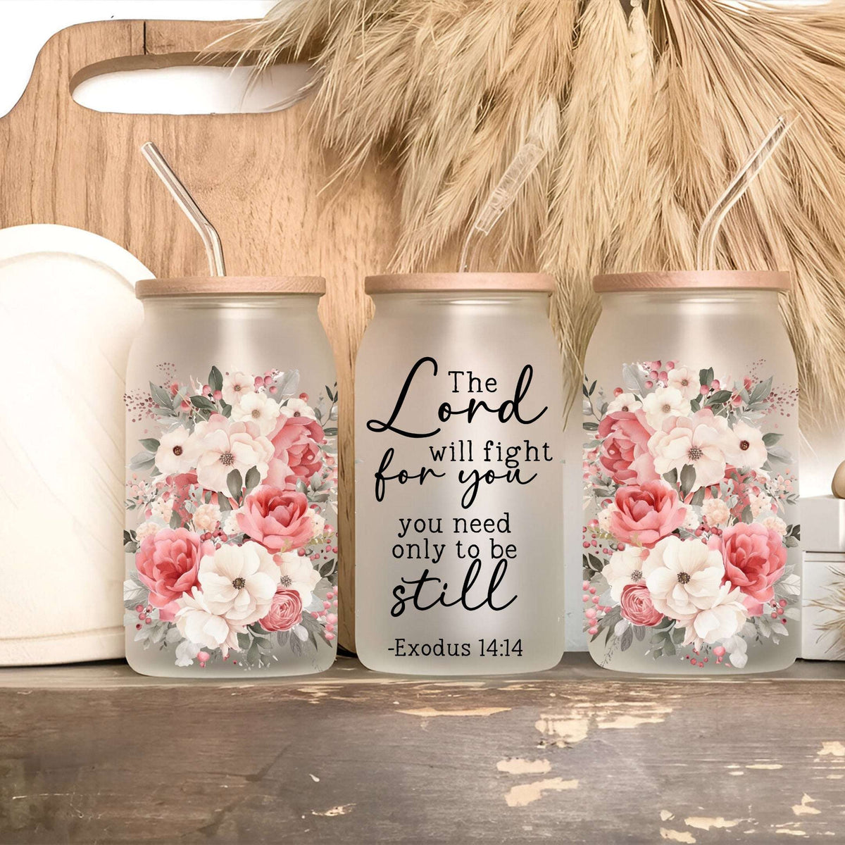 Vaso, taza y termo floral con versículo