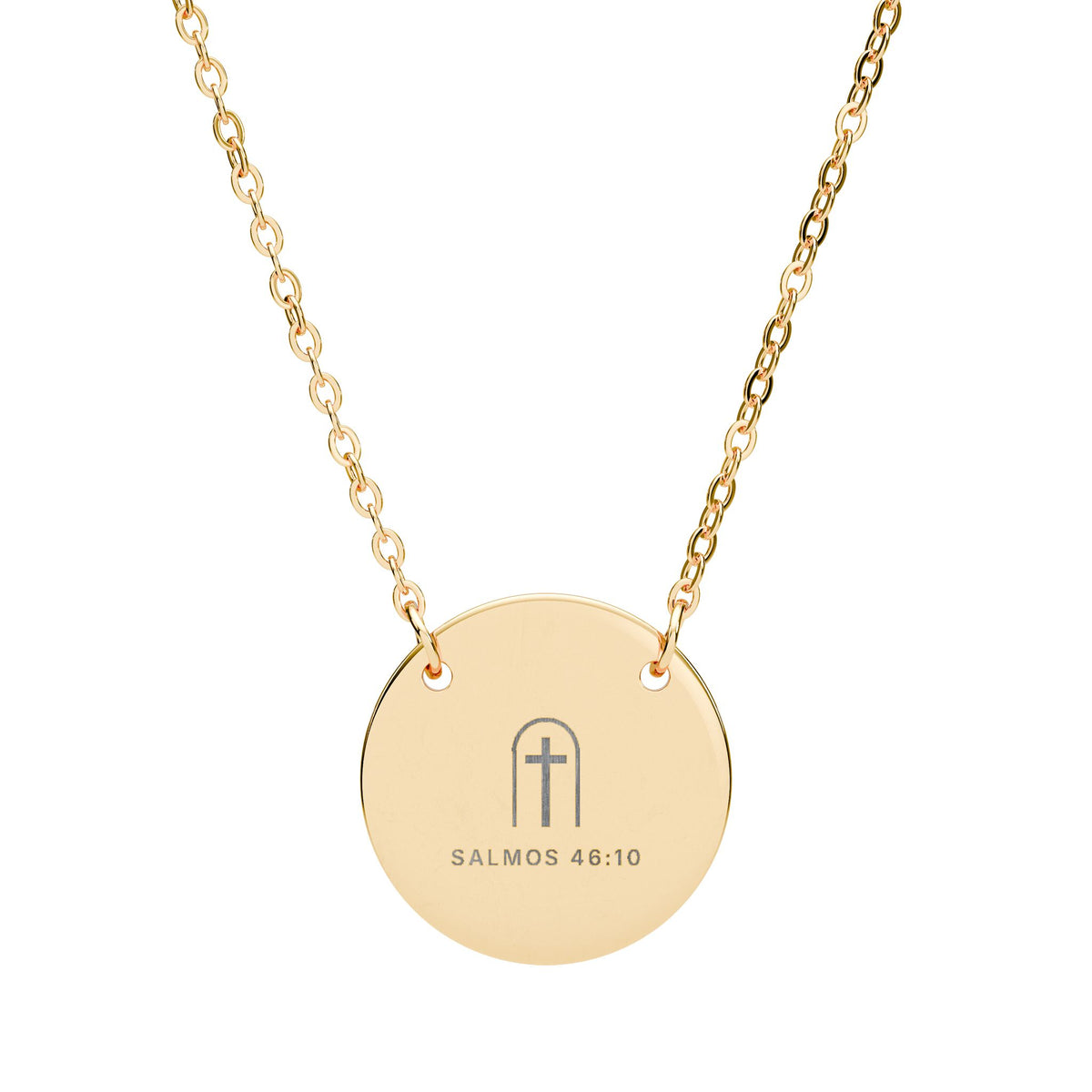 Arched Cross Circle Necklace – Psalm 46:10 (Spanish Edition)
