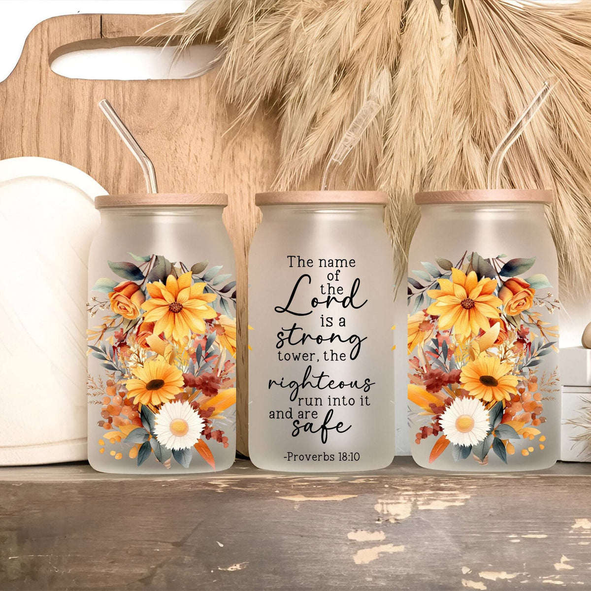 Vaso, taza y termo floral con versículo