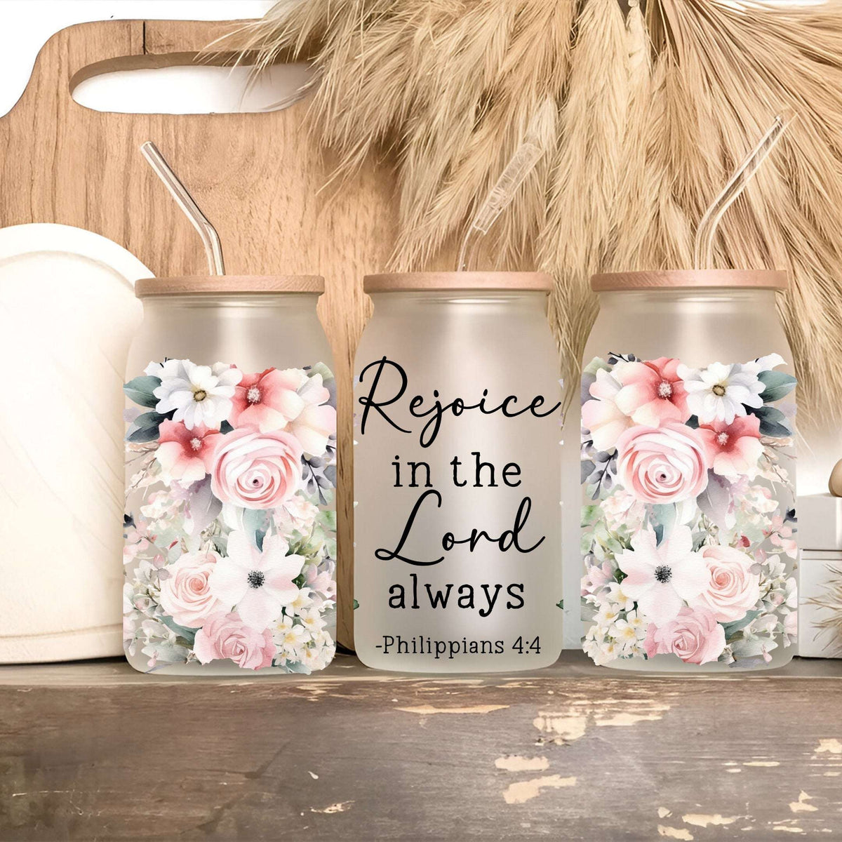 Vaso, taza y termo floral con versículo