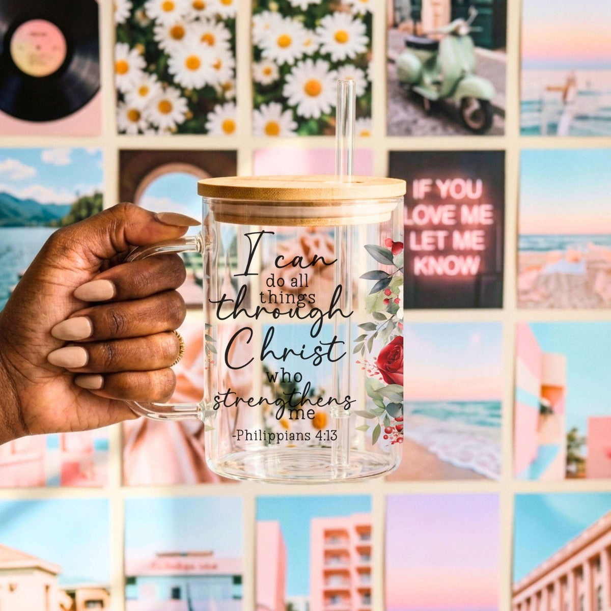 Vaso, taza y termo floral con versículo